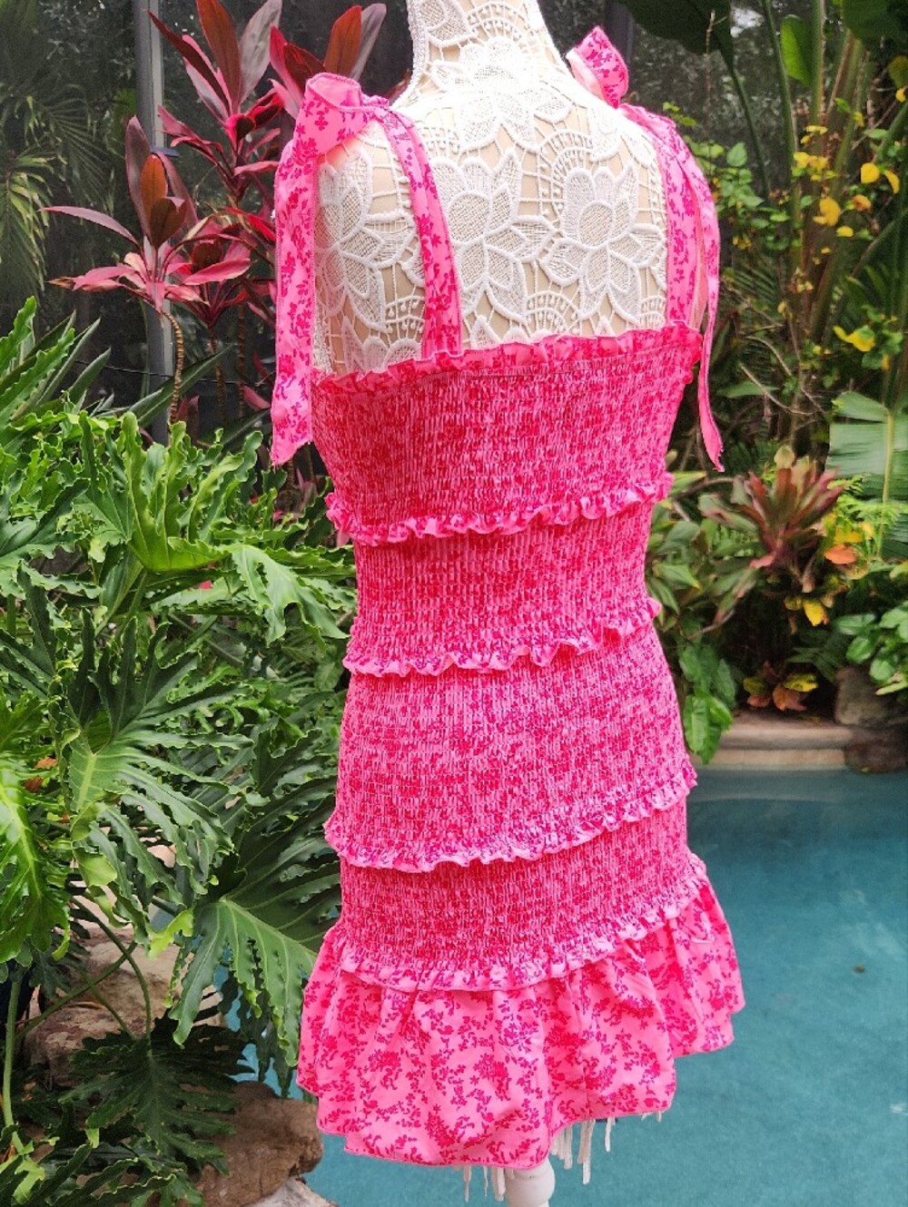 Pink Smocked Tiered Ruffle Mini Bodycon Dress with Tie Shoulder Straps - Picture 5 of 6